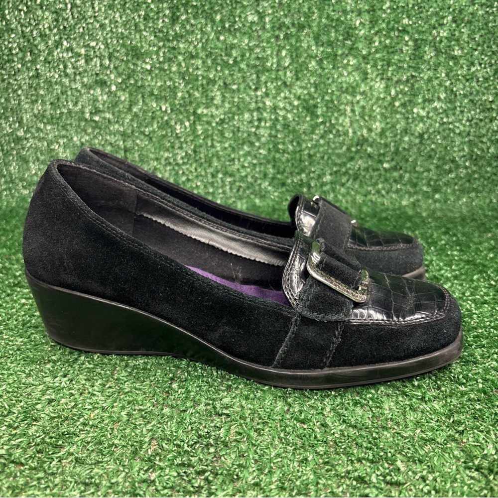 A2 by Aerosoles Womens 6.5 M Black Leather Wedge Loafers